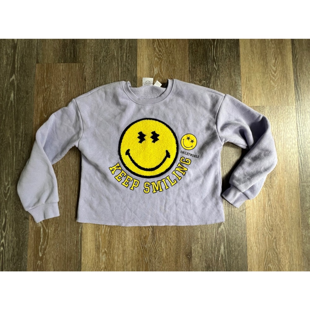 SmileyWorld Sweatshirt Girls Large 10/12 Purple Keep Smiling Chenille Patch